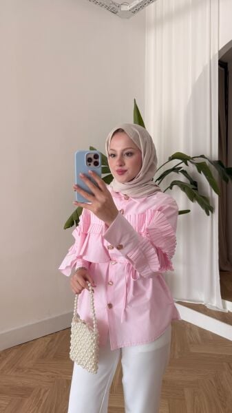 Gold Düğme Detaylı Tasarım Gömlek şeker pembe - 2