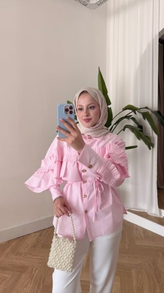 Gold Düğme Detaylı Tasarım Gömlek şeker pembe - 2