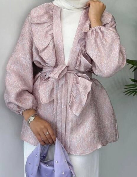 Önü Fırfırlı Bağlamalı Kimono şeker pembe - 1
