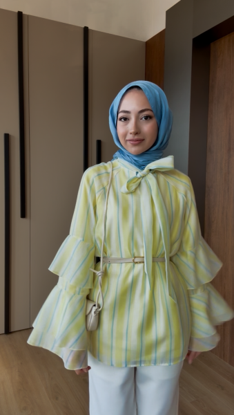 Kolları Fırfır Detaylı Çizgili Gömlek sarı - standart