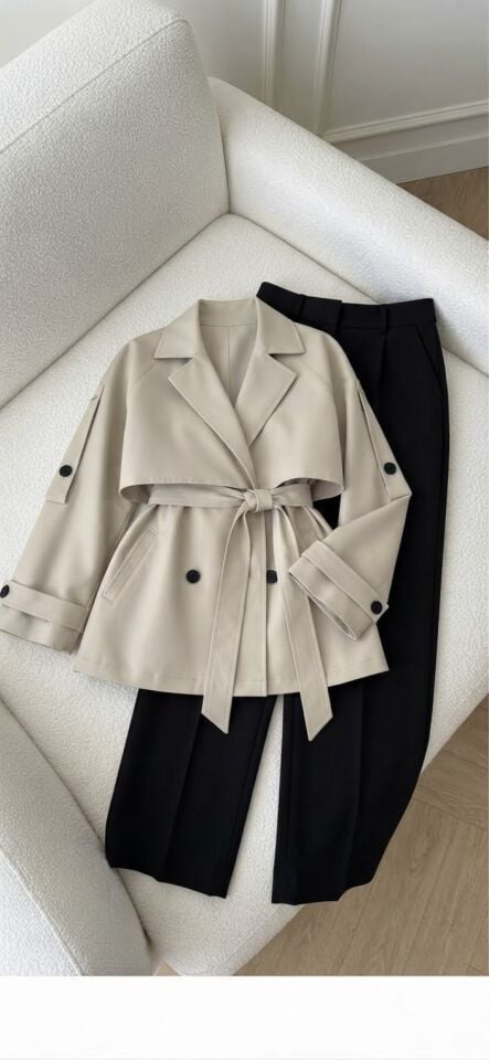 Premium Astarlı Kısa Trenç bej - std