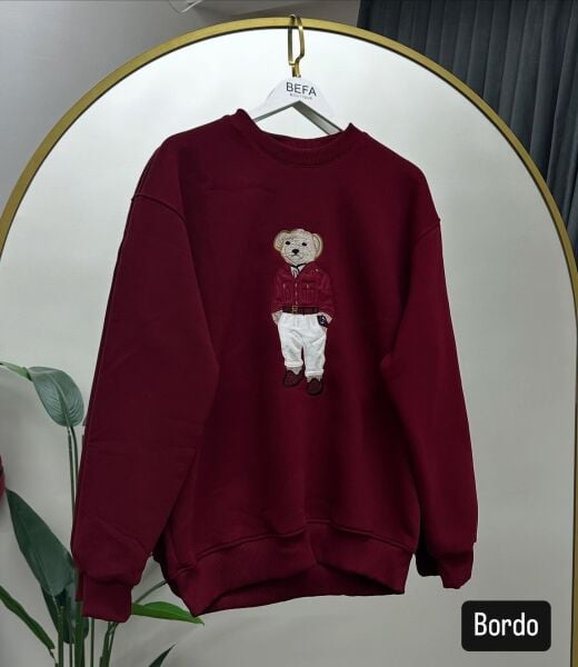 Ayıcıklı 3 İplik Şardonlu  Sweat bordo - m