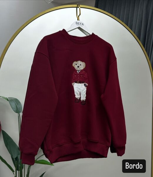 Ayıcıklı 3 İplik Şardonlu  Sweat bordo - m