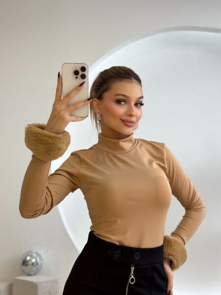 Likralı Peluş Bady camel - s