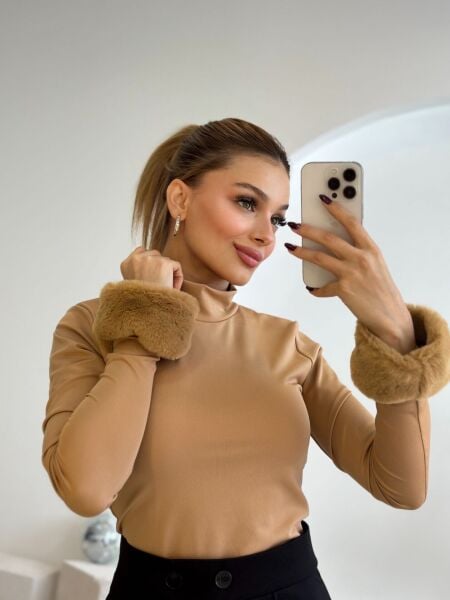 Likralı Peluş Bady camel - s