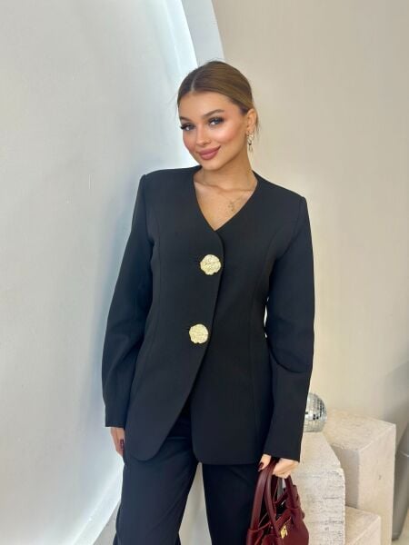 Gold Düğmeli Tasarım Blazer Ceket Takım siyah - s
