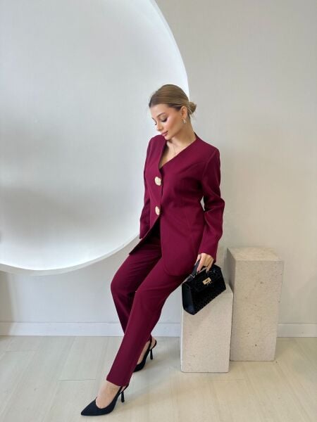 Gold Düğmeli Tasarım Blazer Ceket Takım bordo - m