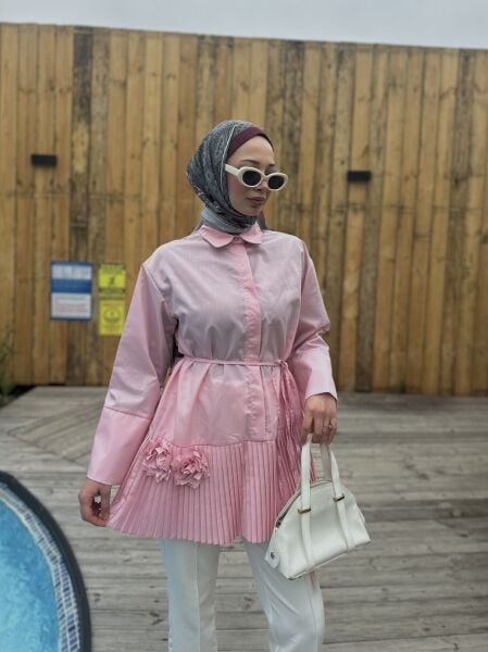 Çiçek Detaylı Piliseli Bağcıklı Gömlek şeker pembe - 1