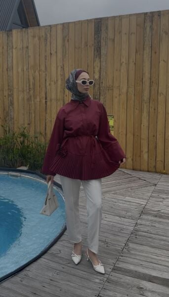 Çiçek Detaylı Piliseli Bağcıklı Gömlek bordo - 2