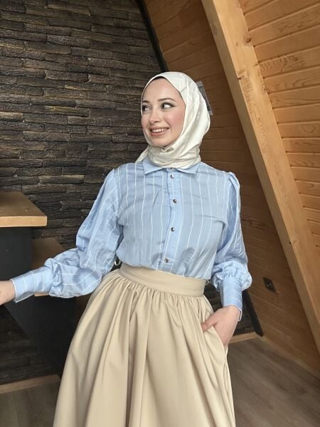 Düğme Detaylı Çizgili Gömlek bebe mavi - m