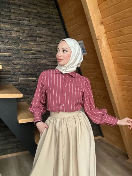Düğme Detaylı Çizgili Gömlek bordo - l