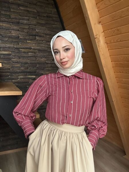 Düğme Detaylı Çizgili Gömlek bordo - l