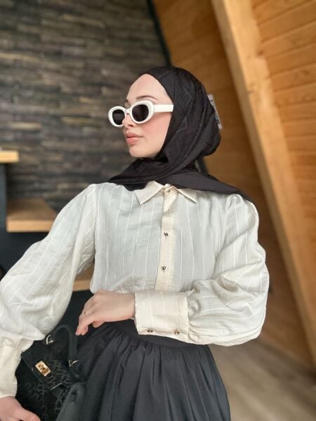 Düğme Detaylı Çizgili Gömlek ekru - xl