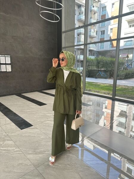 Işıltılı Bağlamalı Taşlı Takım haki - s-m