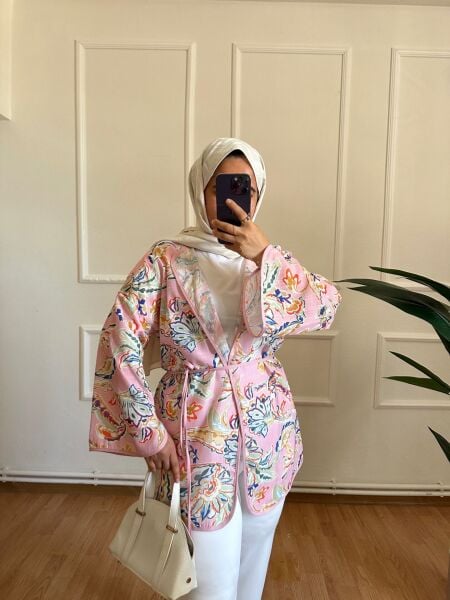 Etnik Desen Keten Kimono şeker pembe - 1
