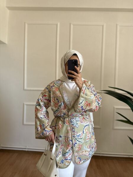 Etnik Desen Keten Kimono mint yeşili - 2