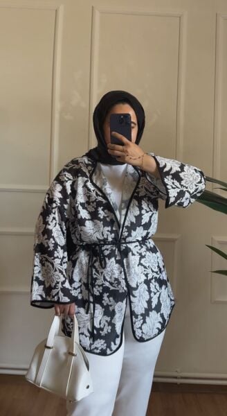 Çiçek Detaylı Keten Kimono 2 - siyah