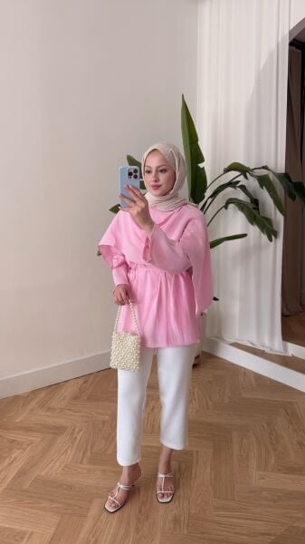 Pelerin Detaylı Bağcıklı Tunik şeker pembe - standart