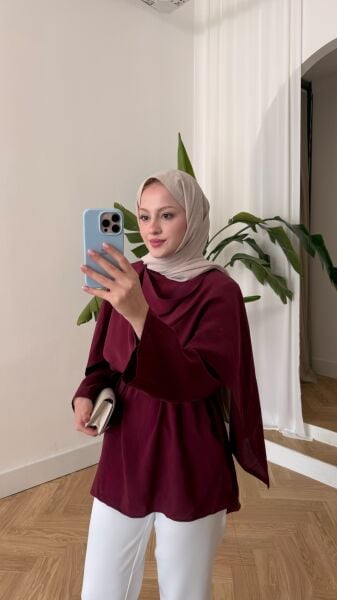 Pelerin Detaylı Bağcıklı Tunik bordo - standart