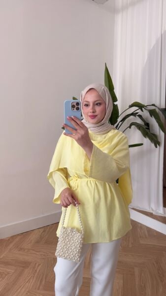Pelerin Detaylı Bağcıklı Tunik sarı - standart