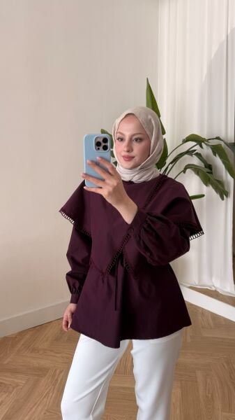 Asimetrik Kesim Bağcıklı Gömlek bordo - 1