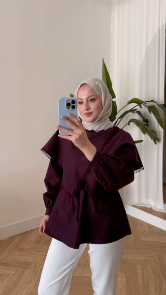 Asimetrik Kesim Bağcıklı Gömlek bordo - 2