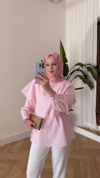 Asimetrik Kesim Bağcıklı Gömlek şeker pembe - 2