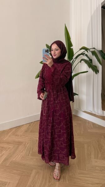 İşleme Detaylı Bağcıklı Elbise bordo - 2
