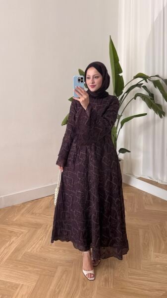 İşleme Detaylı Bağcıklı Elbise Mürdüm - 2